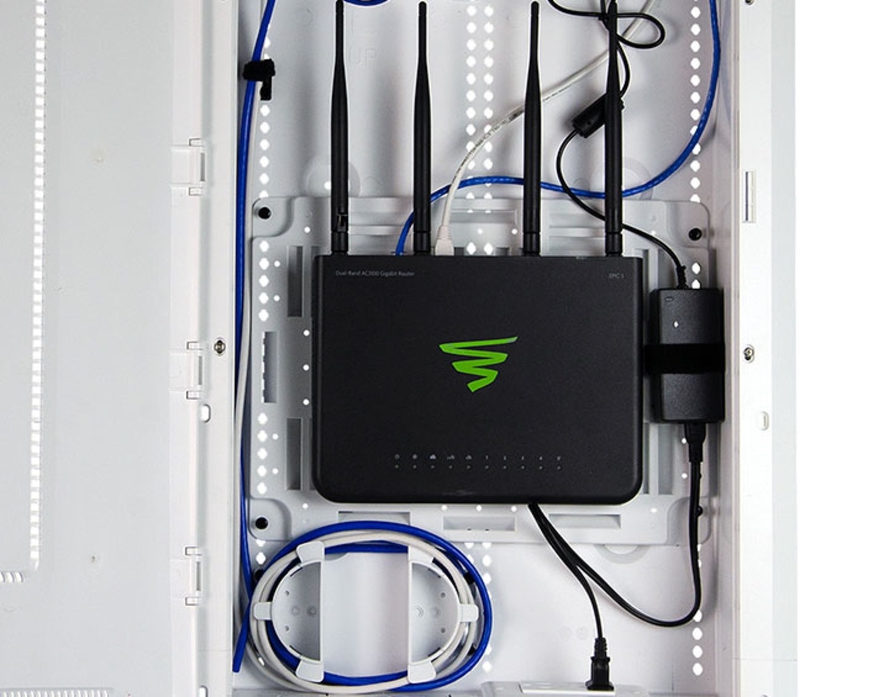 Luxul networking product in structured wiring enclosure